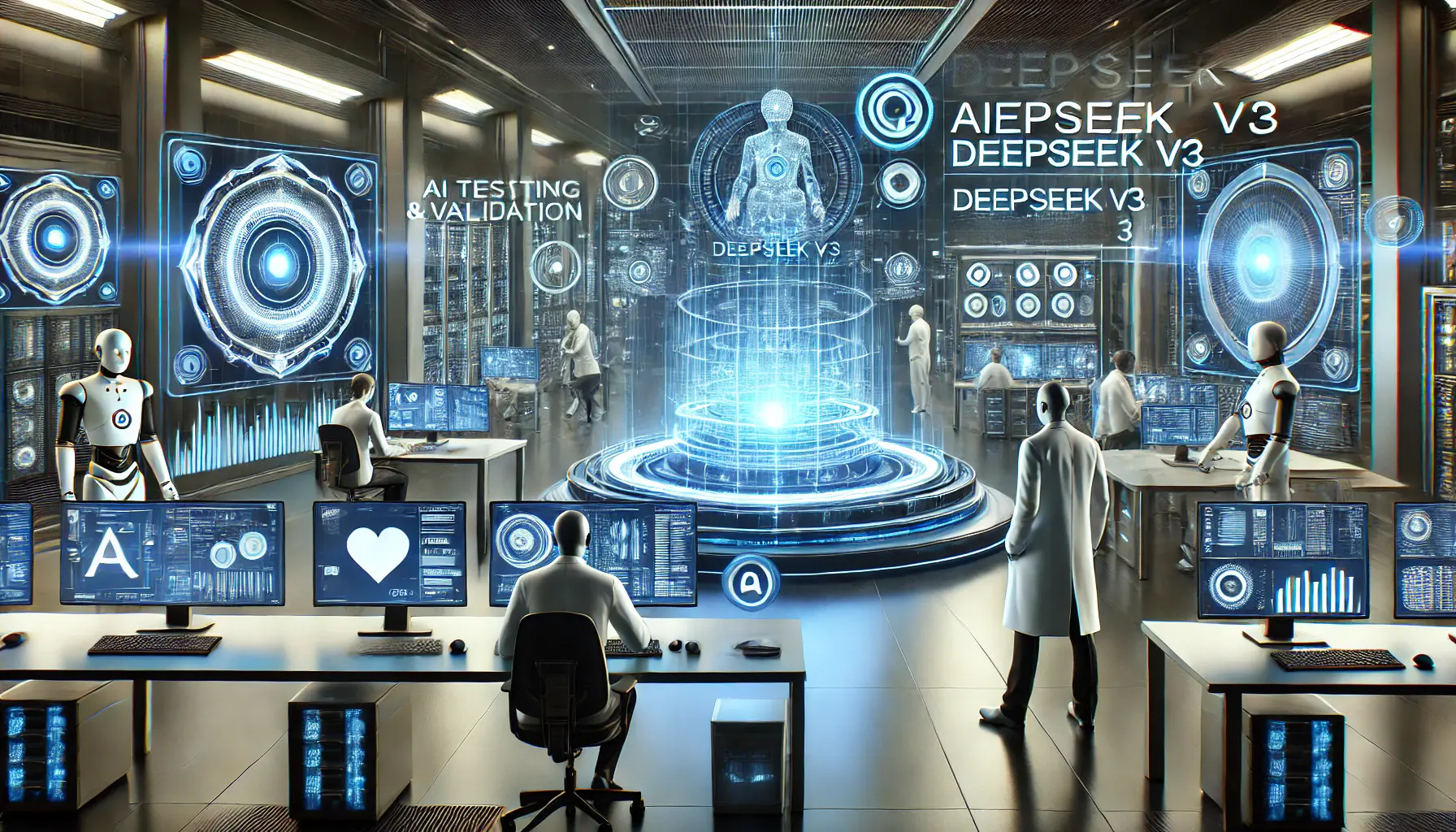 A futuristic AI testing lab with professionals analyzing DeepSeek v3's performance using holographic dashboards and real-time validation systems.