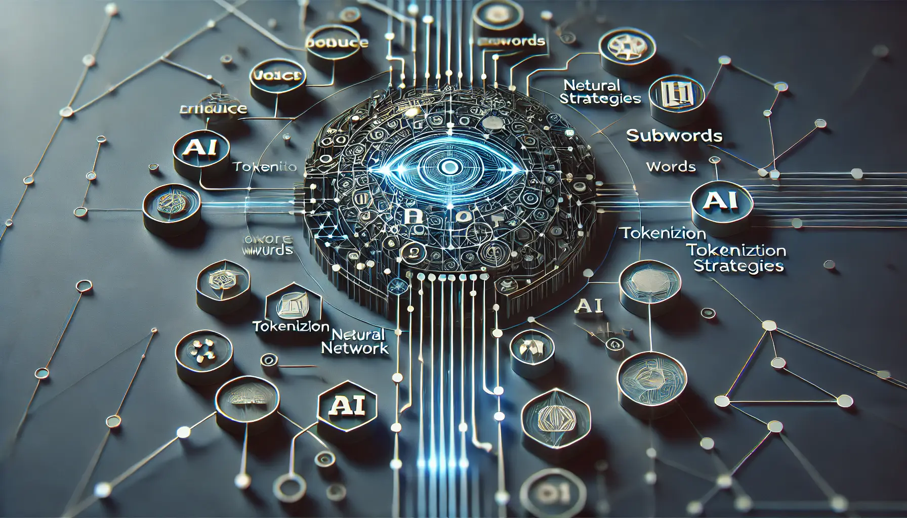 An abstract high-tech representation of tokenization, showing text being broken down into smaller units and processed by AI.