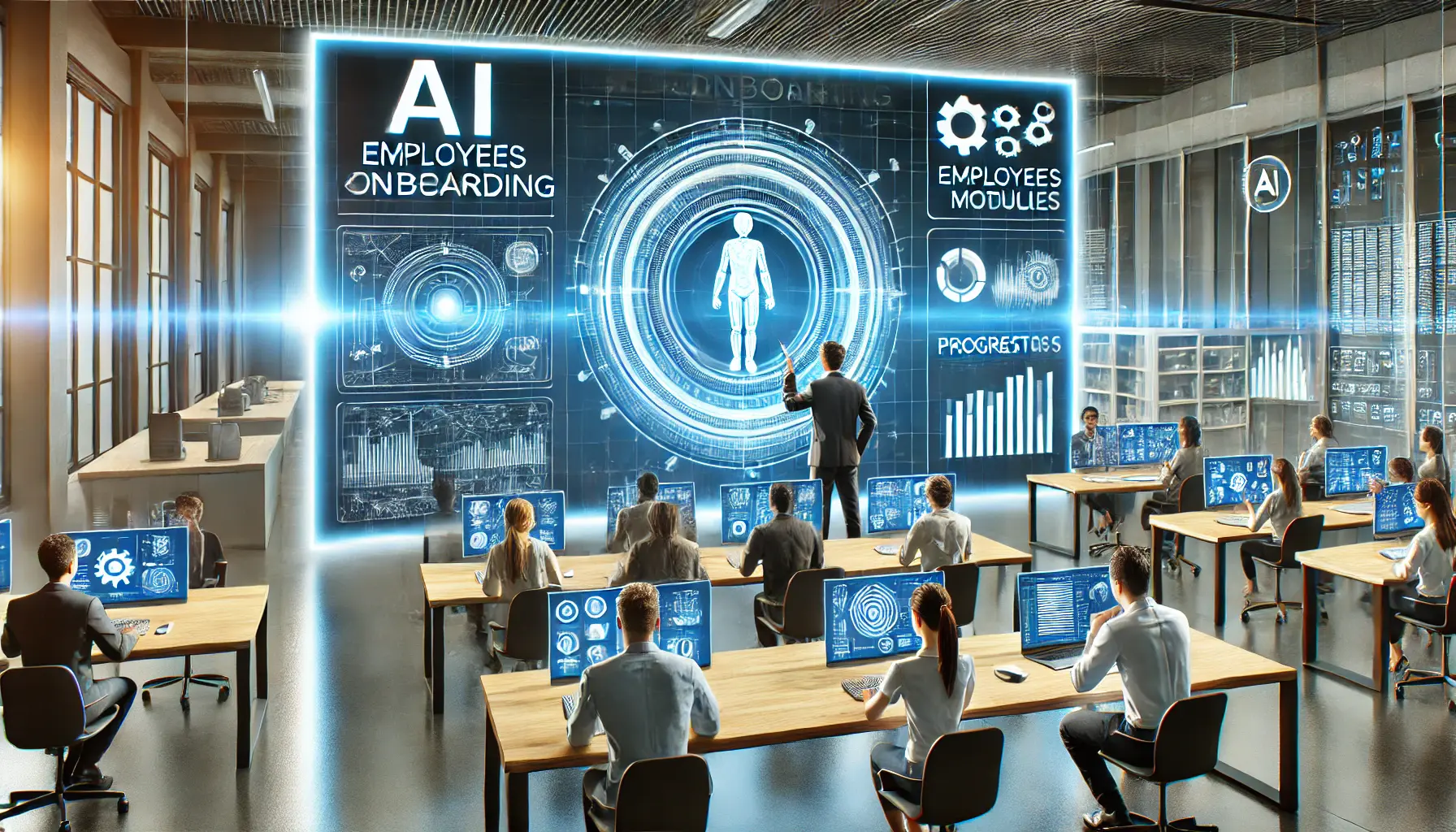 A futuristic training session in a modern office with employees learning to use AI systems through digital interfaces.