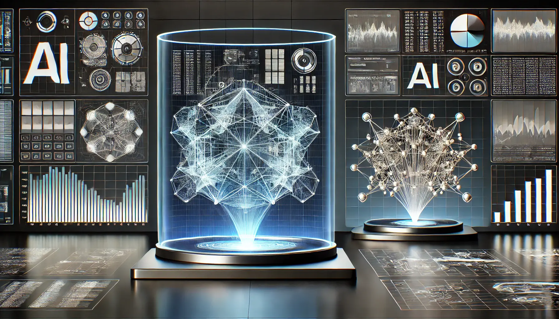 A high-tech environment displaying two AI models, one smaller and one larger, being trained with different data sets.