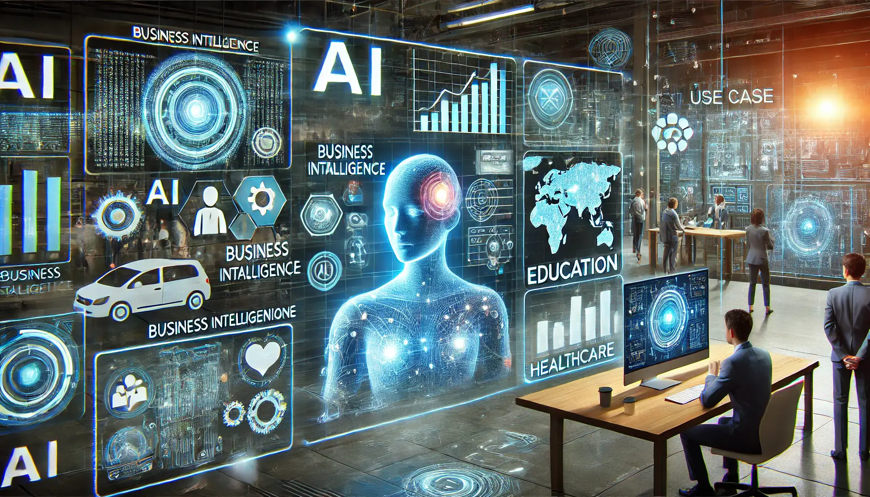 A futuristic AI system being applied to business intelligence, education, and healthcare, showing real-time data processing and visualizations tailored to each industry.