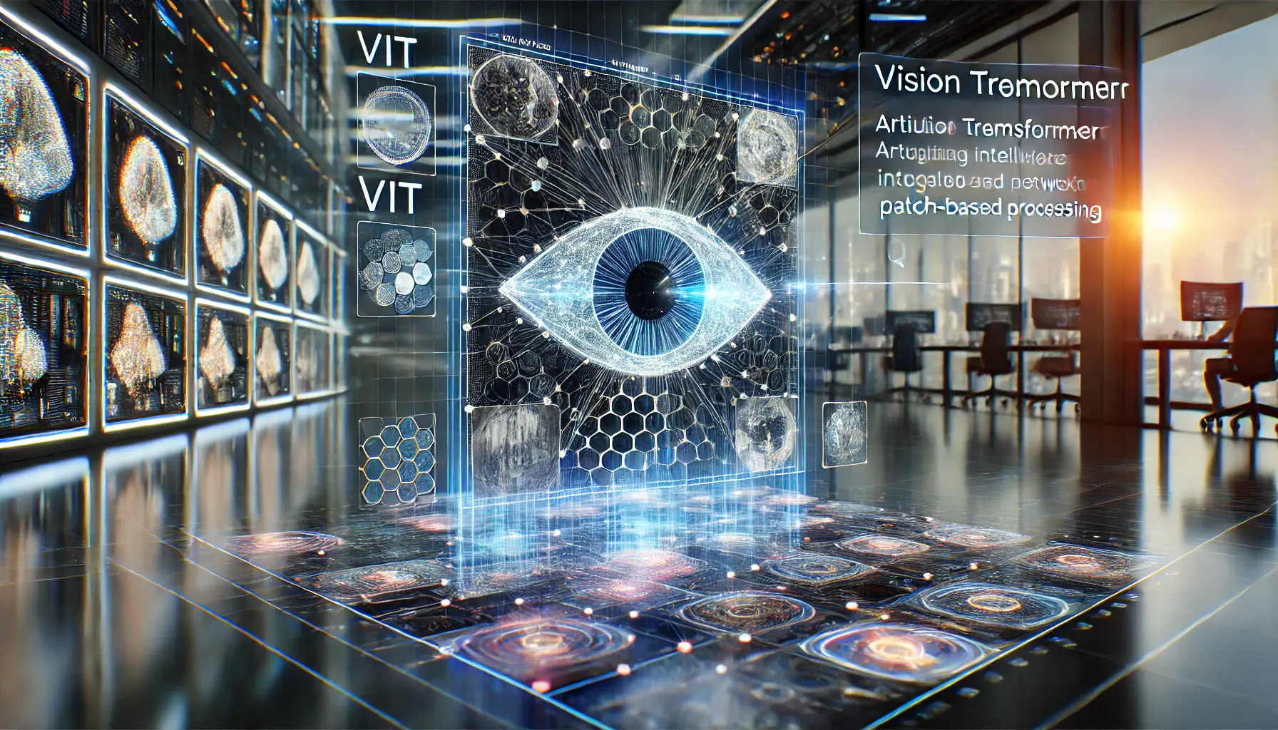 A futuristic AI system analyzing images using a Vision Transformer (ViT), with segmented image patches processed through interconnected neural nodes.