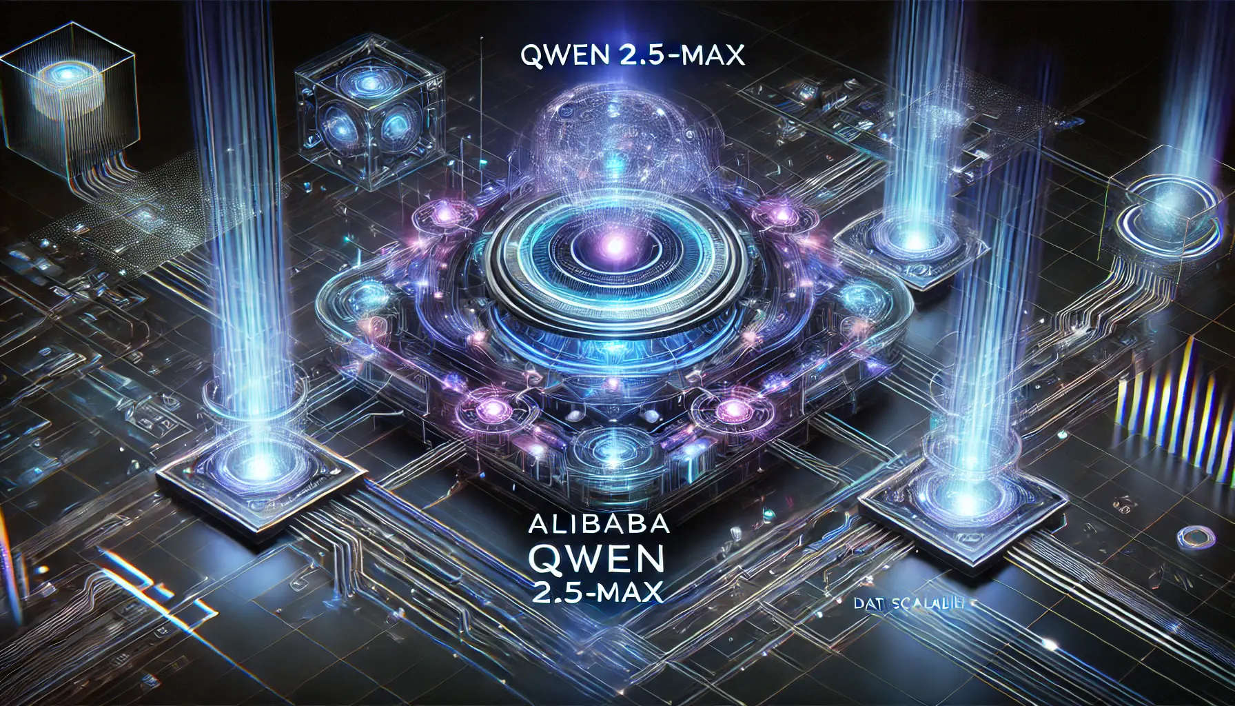 A futuristic AI model representation of Alibaba's Qwen 2.5-Max with glowing AI cores, interconnected digital pathways, and data streams.