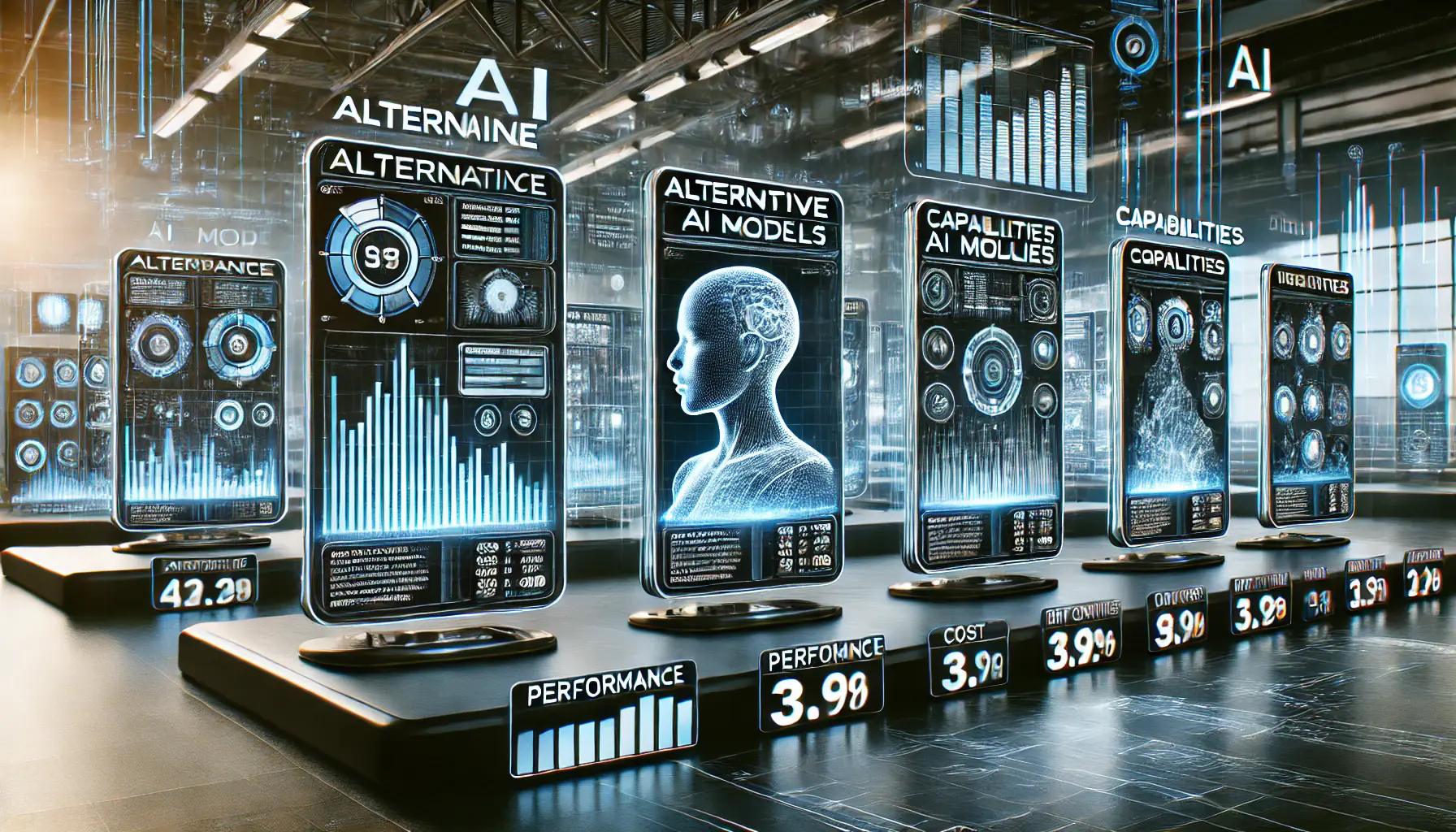 A futuristic digital environment showcasing various alternative AI models and their pricing structures.