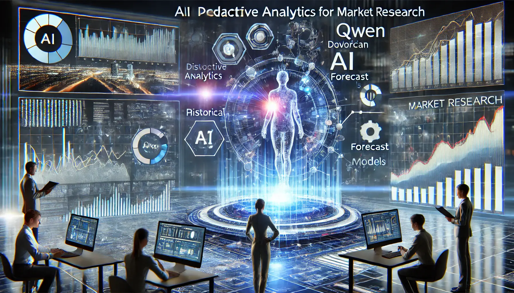 Advanced AI algorithms powered by Qwen analyzing historical market data and predicting future trends with dynamic graphs and forecast models.