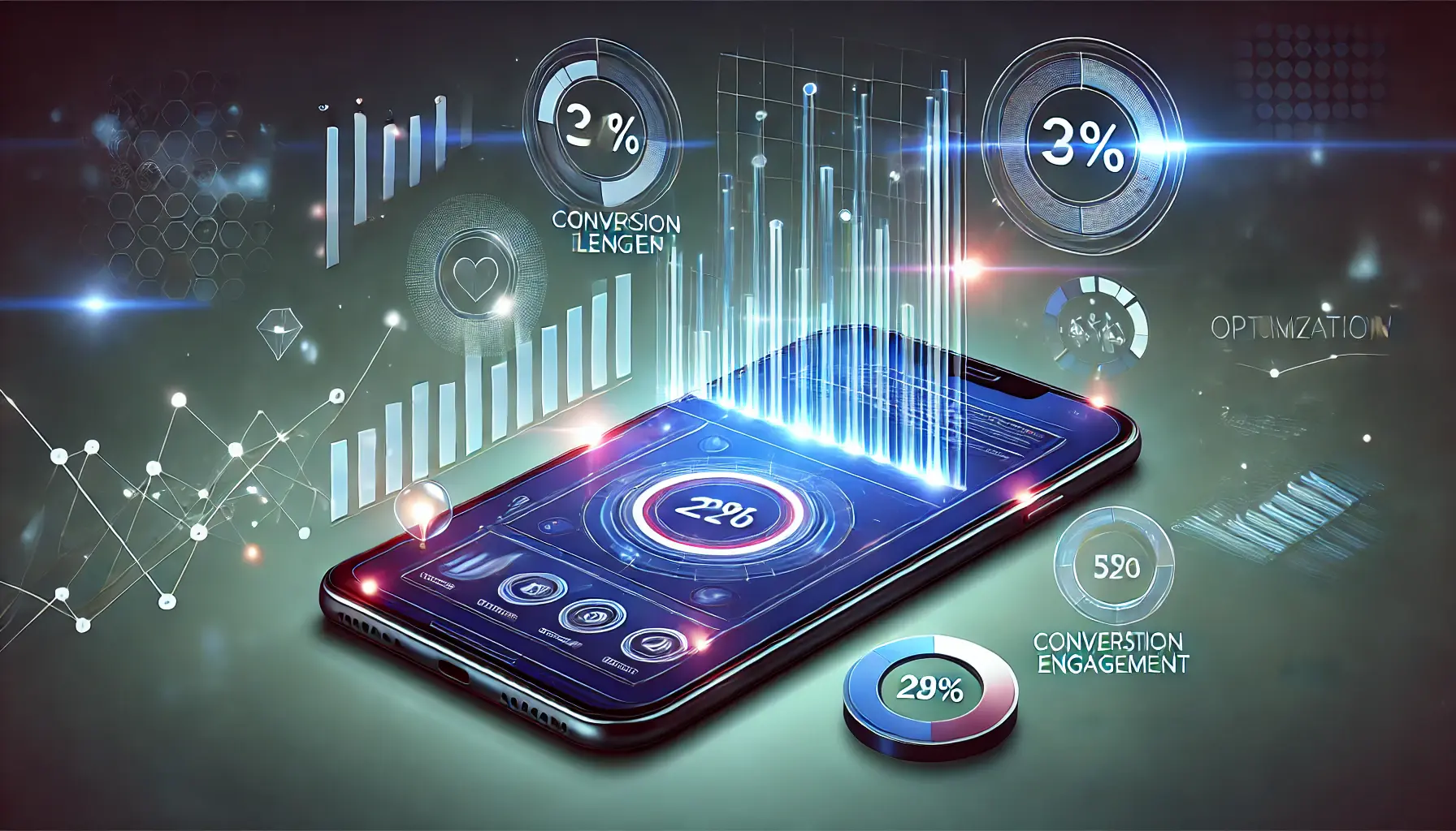 A visually compelling representation of analyzing user engagement and conversion rates for app store optimization, featuring a smartphone with floating elements like bar graphs, conversion rate indicators, and user engagement metrics.