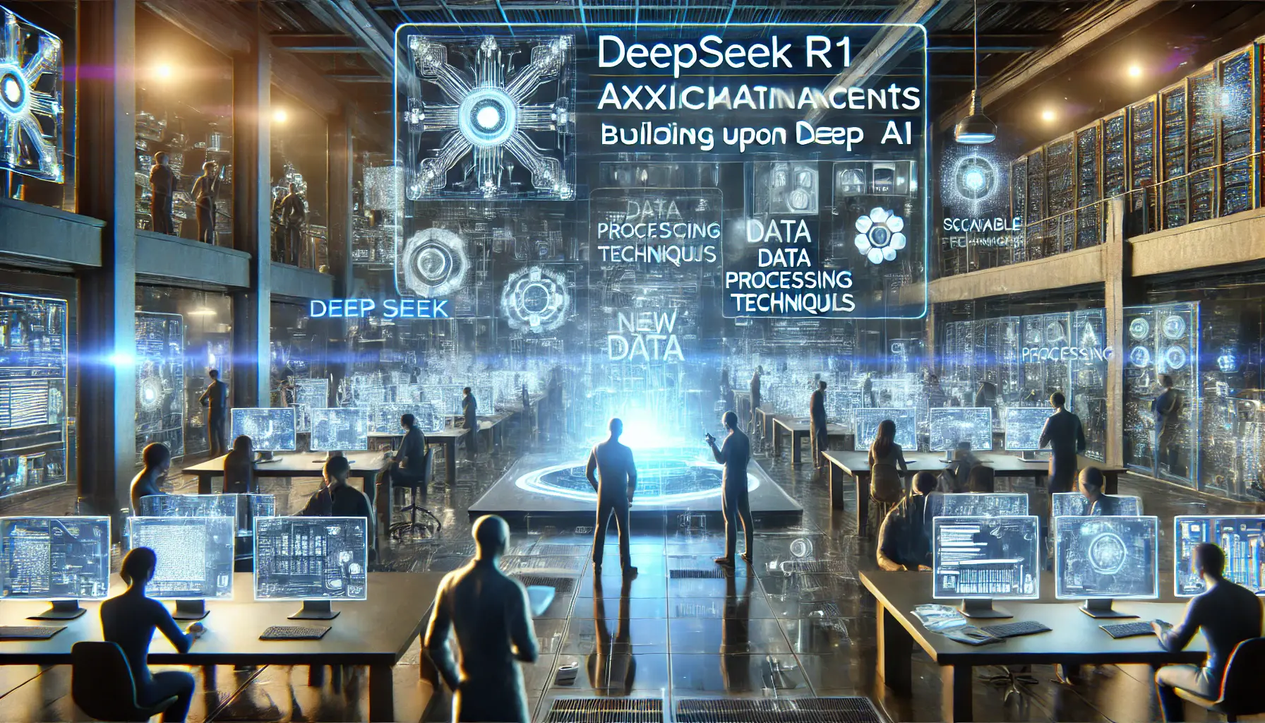 A futuristic AI research lab showcasing anticipated advancements in AI models, data processing, and algorithms.