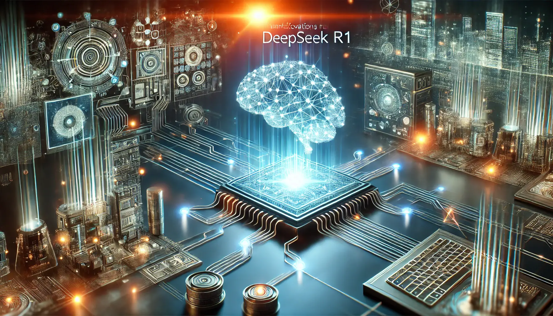 A futuristic digital scene symbolizing the anticipated developments of DeepSeek R1 in AI capabilities.