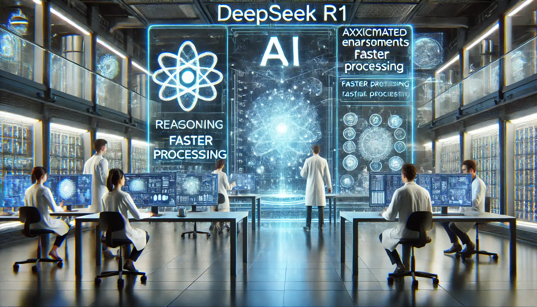 A futuristic AI development lab with holographic projections showcasing advanced AI capabilities such as improved reasoning, faster processing, and expanded multilingual support.