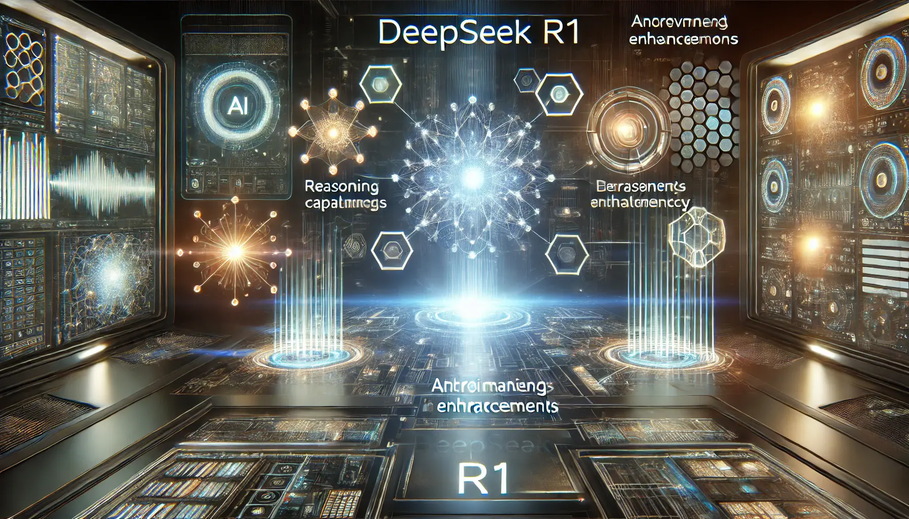 A futuristic AI system showcasing anticipated enhancements in DeepSeek R1, with evolving neural networks and dynamic data streams.