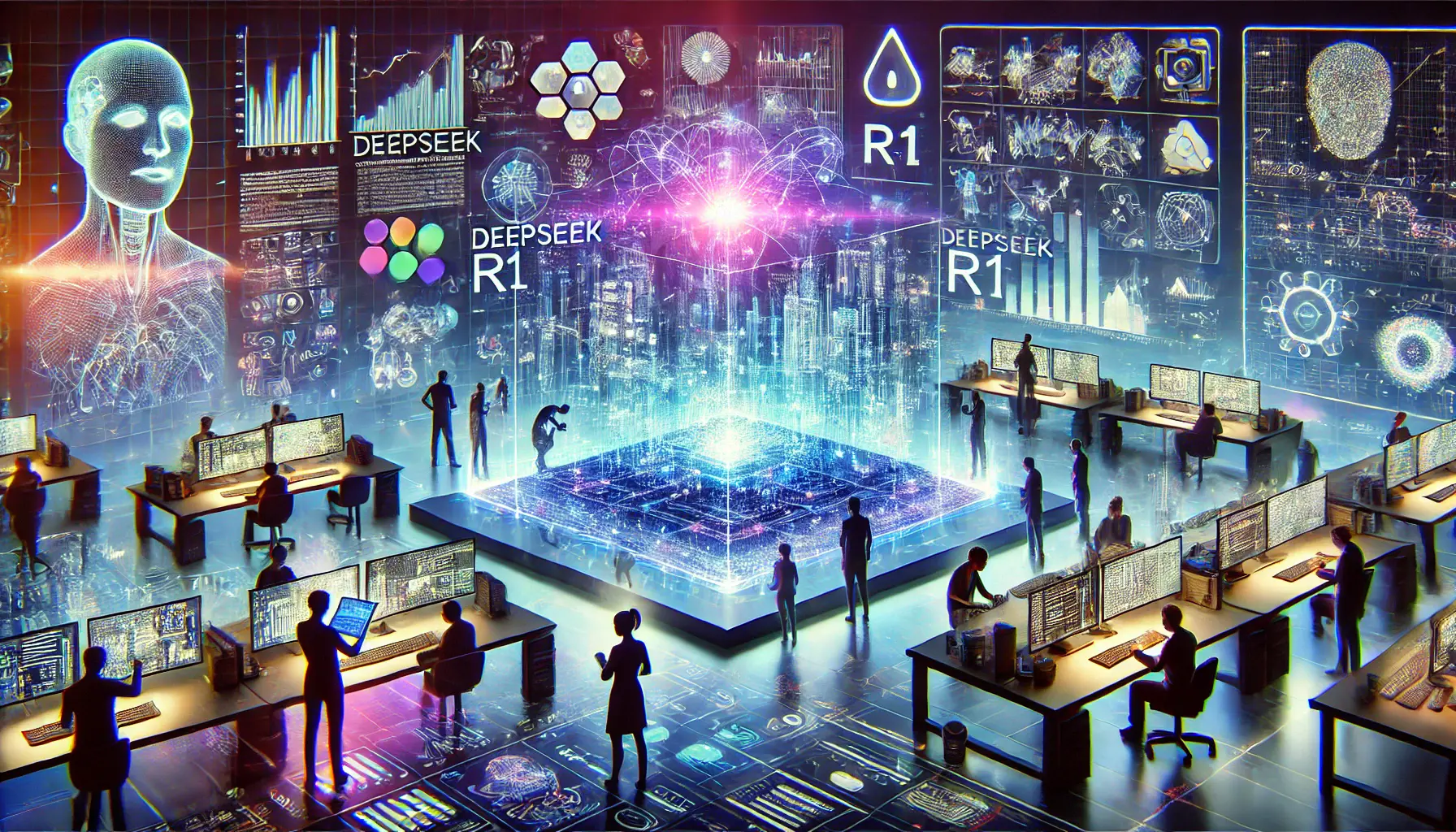 A futuristic depiction of AI research and development with scientists analyzing algorithms, neural networks, and holographic data, symbolizing the impact of DeepSeek R1 on AI advancements.