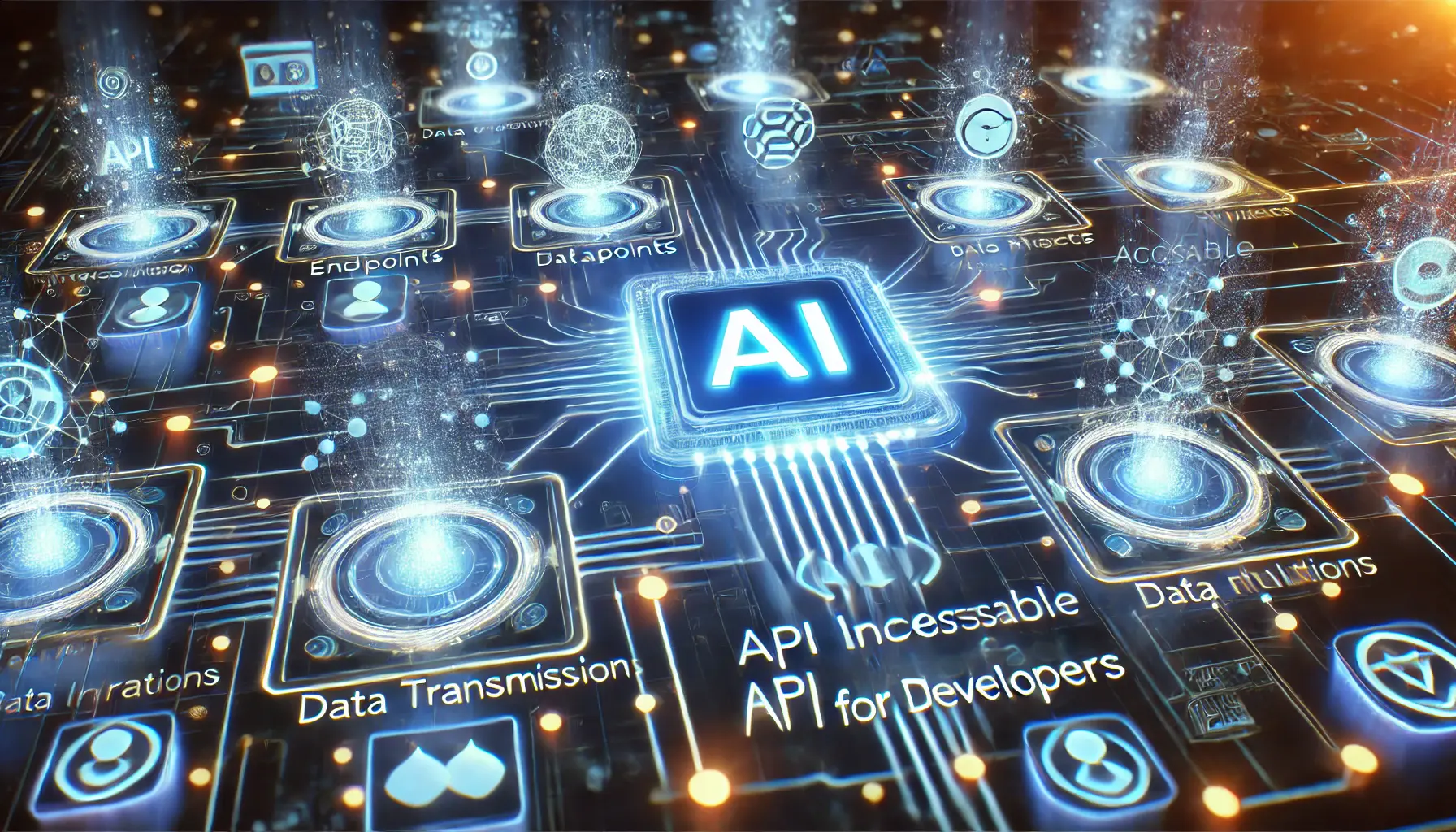 A futuristic AI system with accessible API interfaces for developers, represented by glowing digital endpoints and smooth data flows connecting various applications.