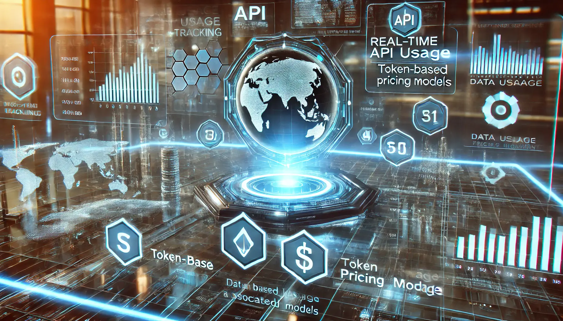 A futuristic digital interface showcasing real-time API usage tracking with token-based pricing models.