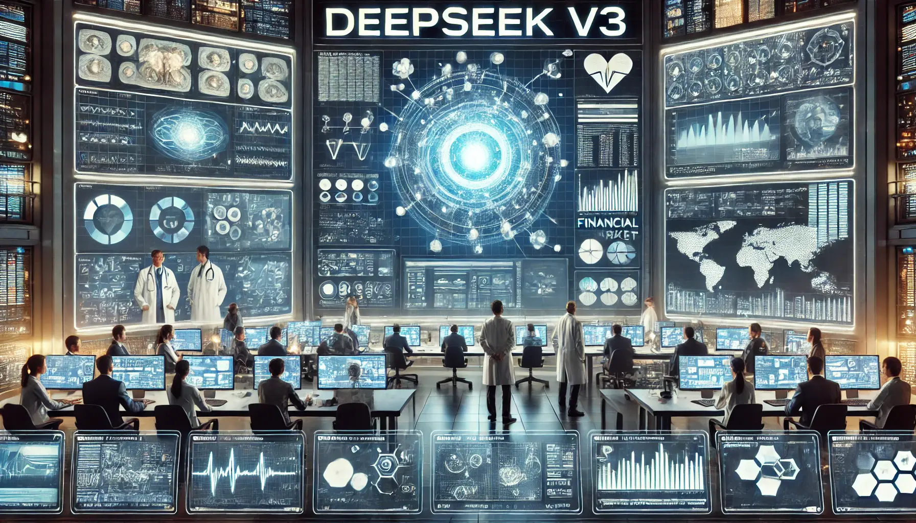 A futuristic control room with multiple screens displaying DeepSeek v3's applications across healthcare, finance, and education.