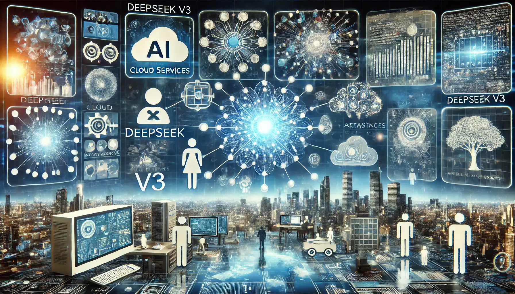 A futuristic visualization showing diverse applications of DeepSeek v3 across industries like healthcare, finance, and technology.