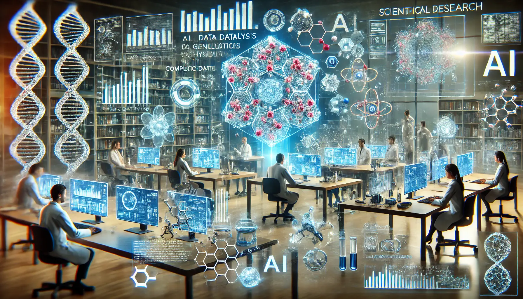 AI-powered research lab with scientists using AI systems to analyze data, generate hypotheses, and visualize molecular structures.