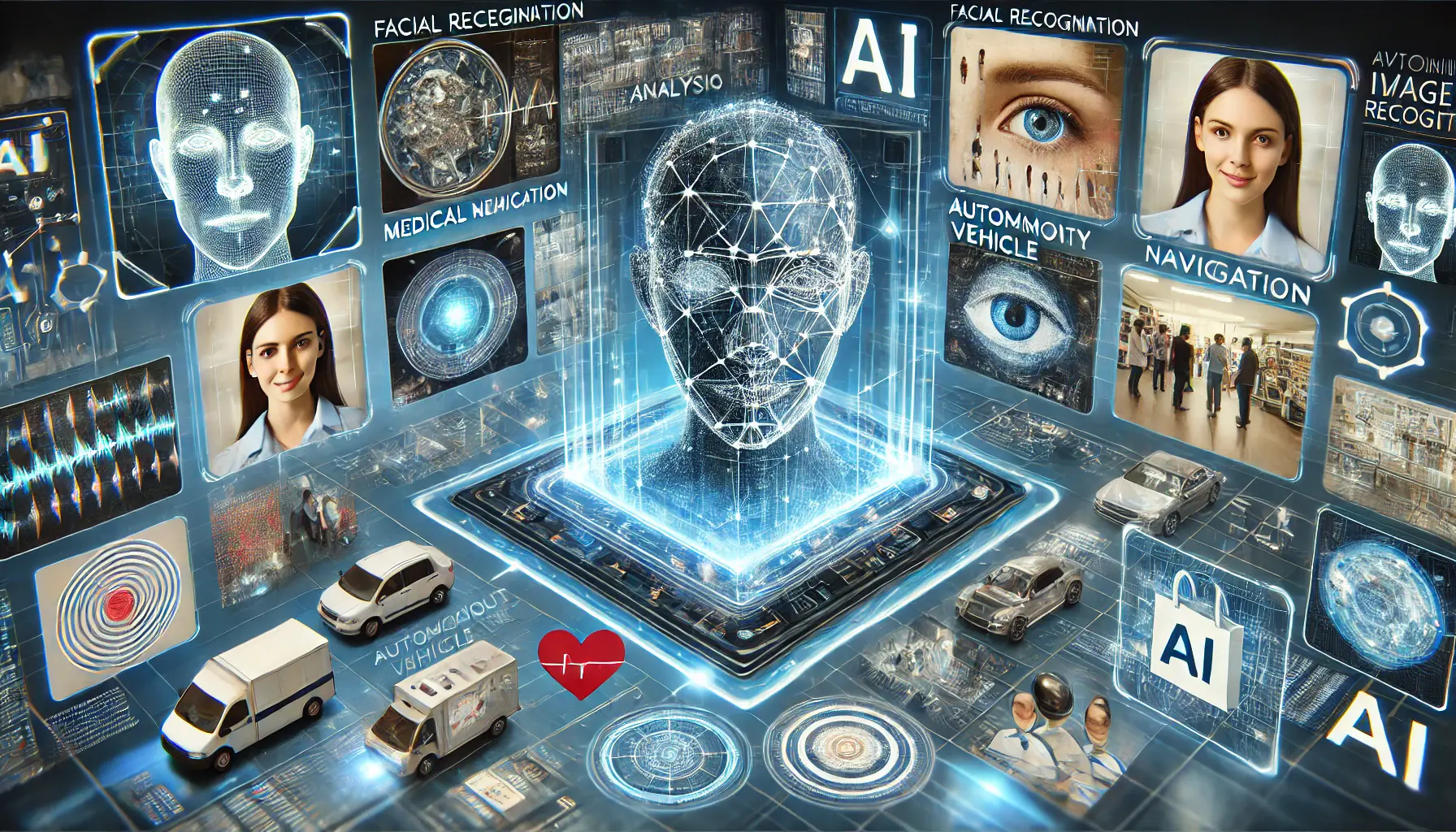 An advanced AI system analyzing images in real-time across multiple industries, including facial recognition, medical imaging, autonomous vehicles, and retail visual searches.