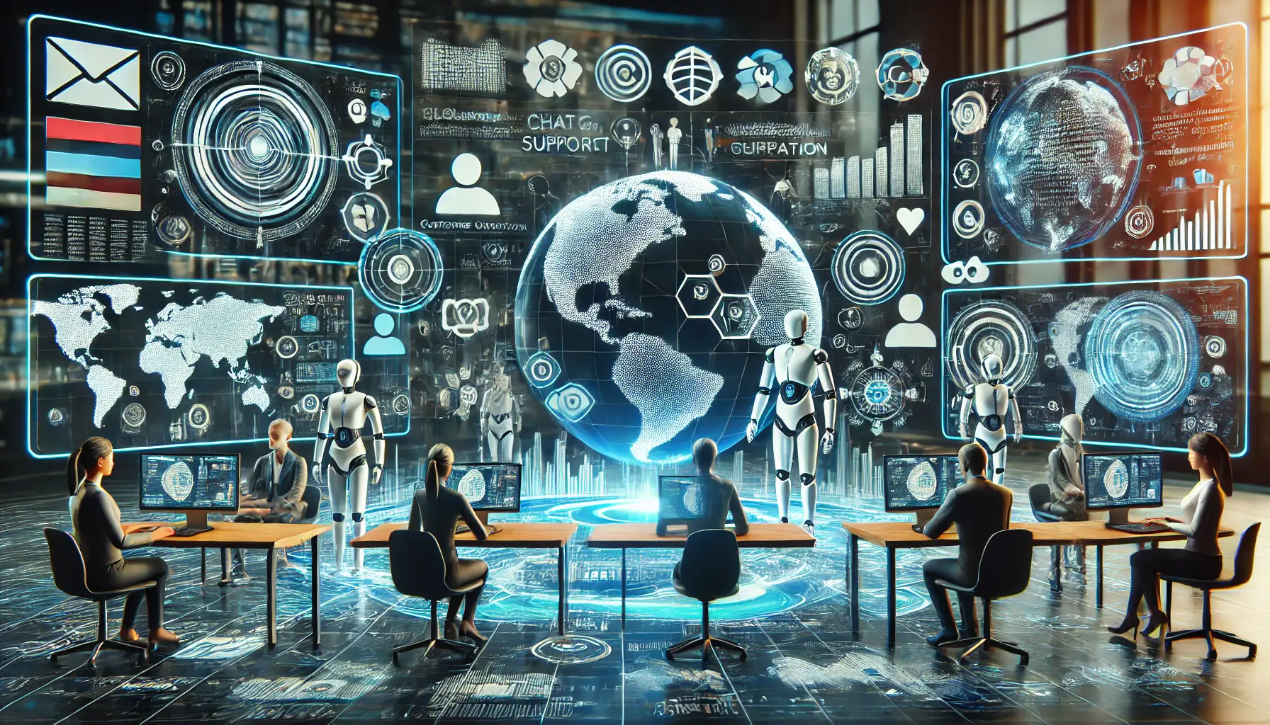 A futuristic scene showing various applications of ChatGPT o1's multilingual features, including customer support, content creation, and language learning.