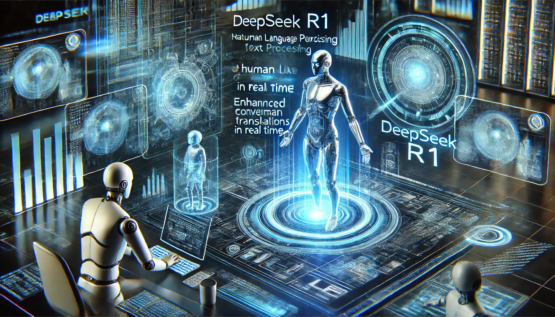 A futuristic AI interface processing human-like text data with a holographic AI assistant interacting and dynamic digital translations in the background.