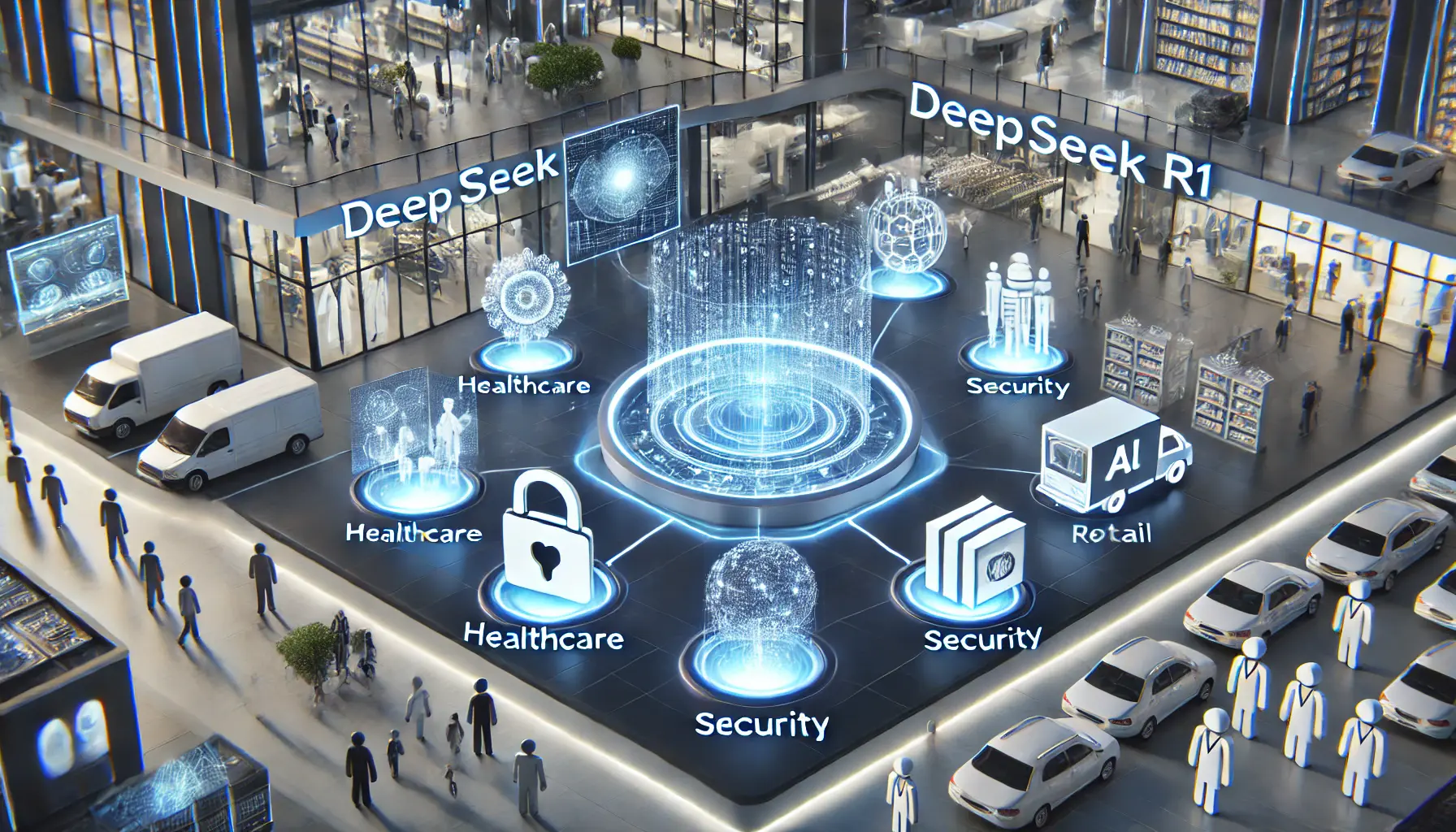 A futuristic AI interface illustrating healthcare, security, and retail applications of DeepSeek R1, with medical image analysis, surveillance monitoring, and smart inventory management.