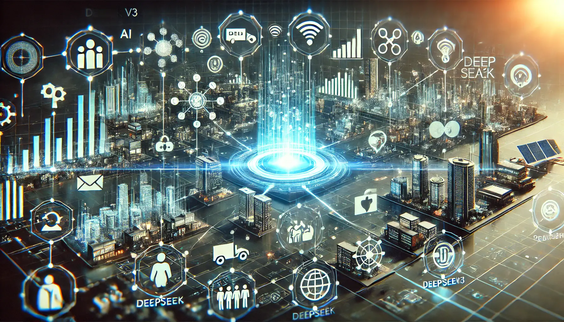 A futuristic representation showing the applications of DeepSeek v3 across multiple industries like finance, healthcare, and retail, with AI-driven data analysis flowing between sectors.