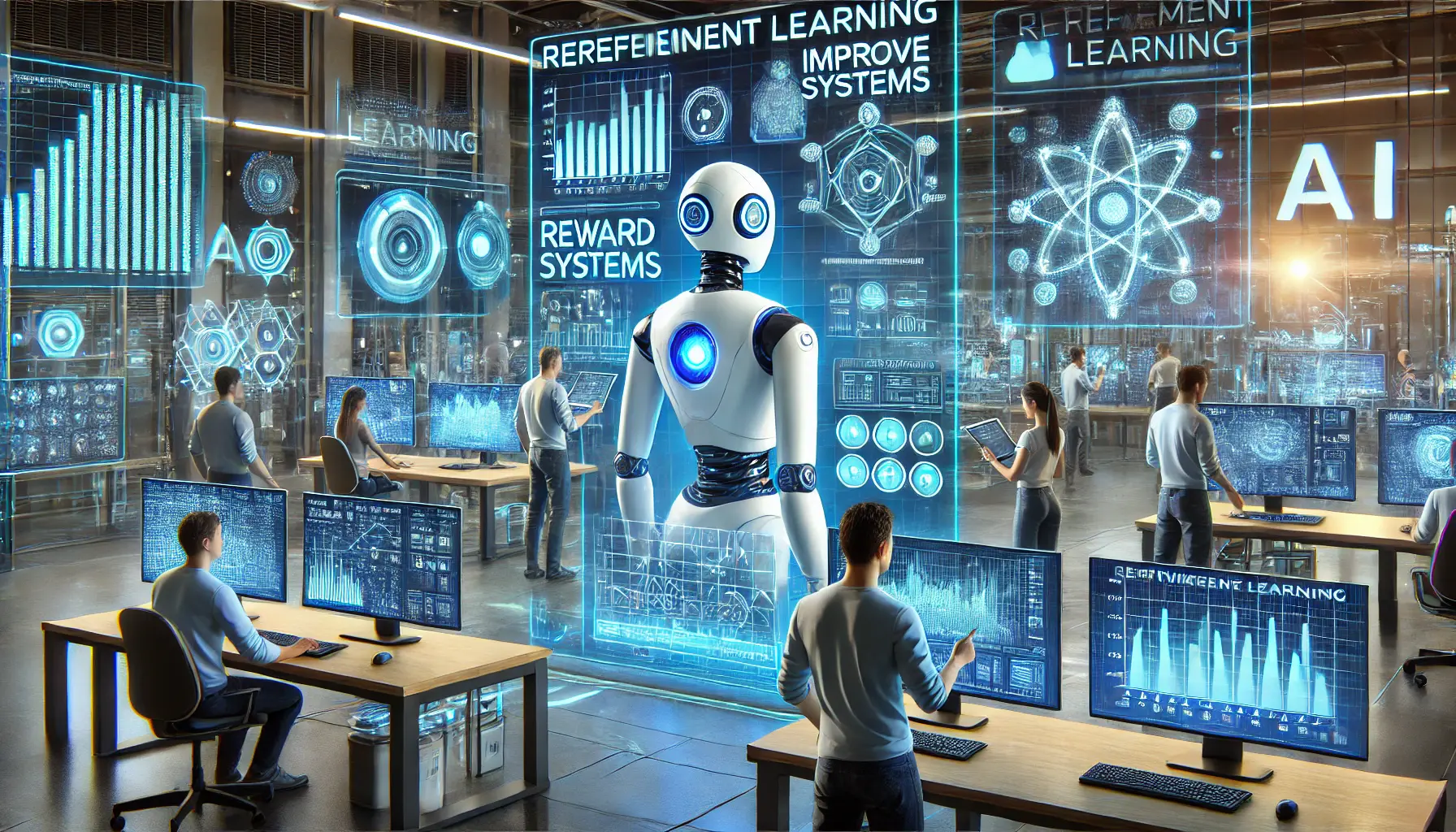 A futuristic AI laboratory with engineers applying reinforcement learning to improve chatbot responses. The monitors display real-time feedback loops, reward systems, and simulation training data.