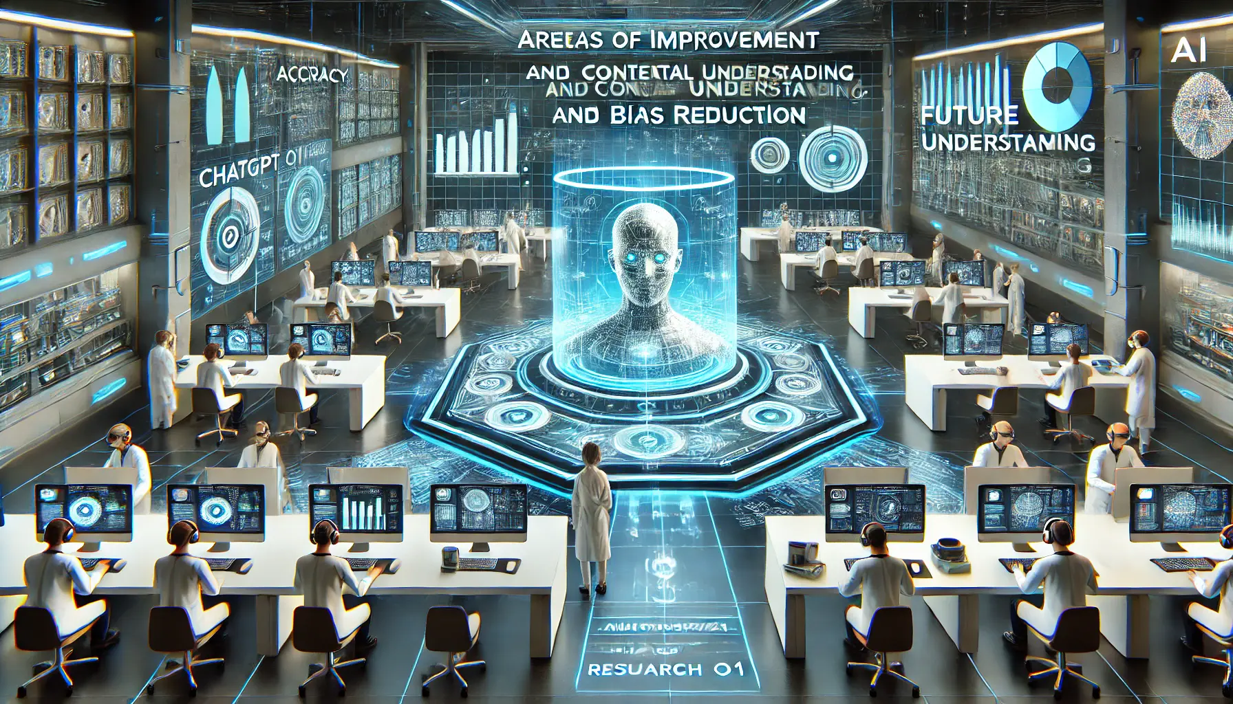 A futuristic research lab environment depicting areas of improvement and future research directions for AI systems.