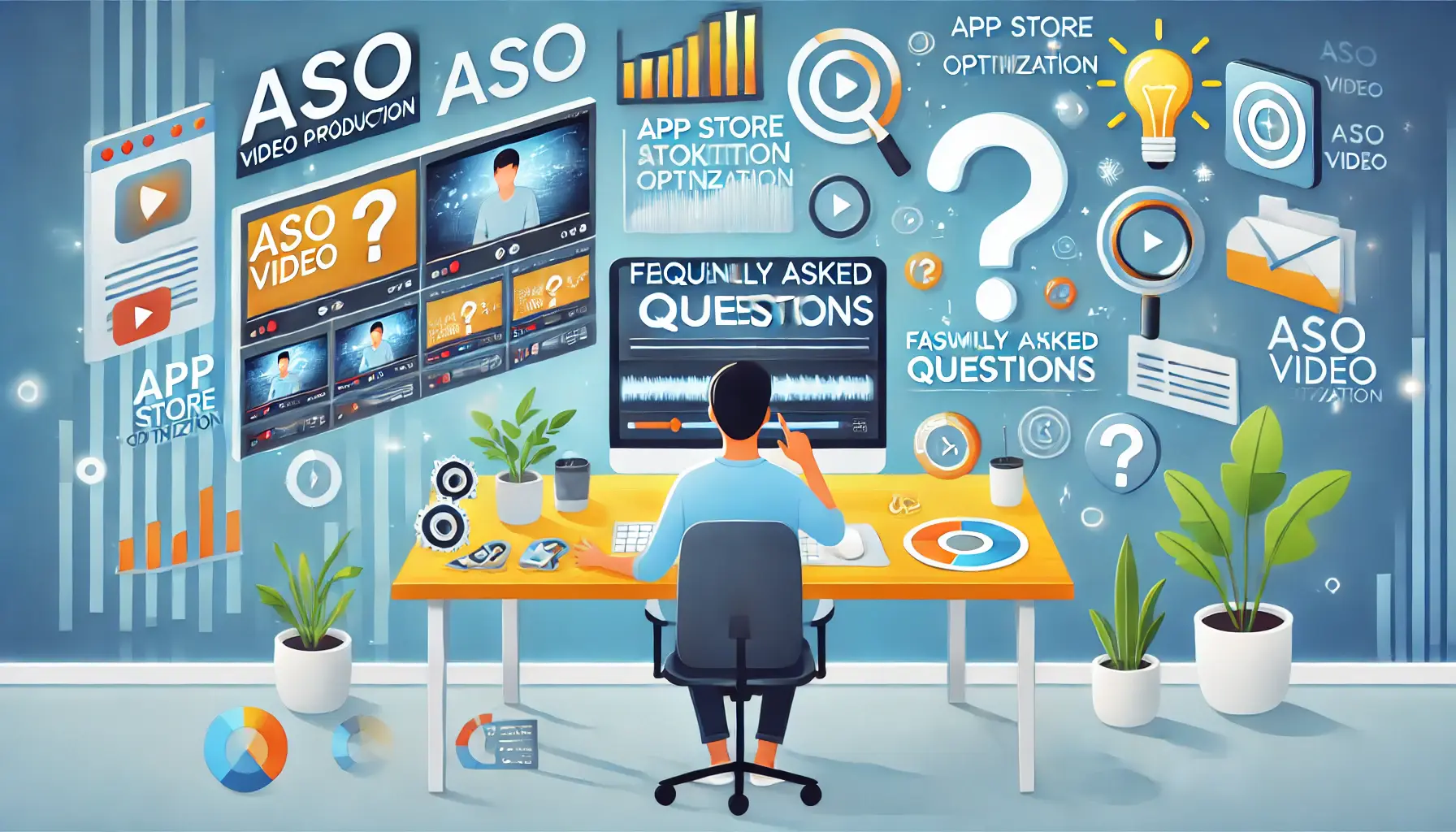 A digital illustration of a designer reviewing ASO video content and app previews in a modern workspace, with floating icons representing common queries and video production tools.