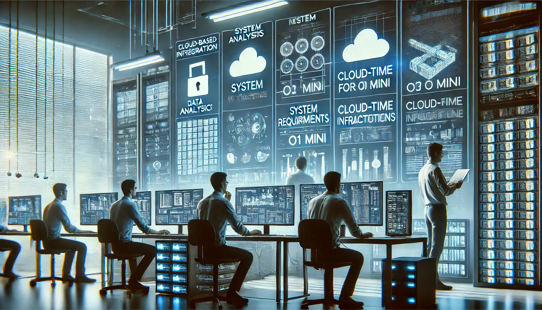 A high-tech workstation where engineers analyze system requirements for AI integration, featuring multiple monitors with performance metrics and cloud infrastructure diagrams.