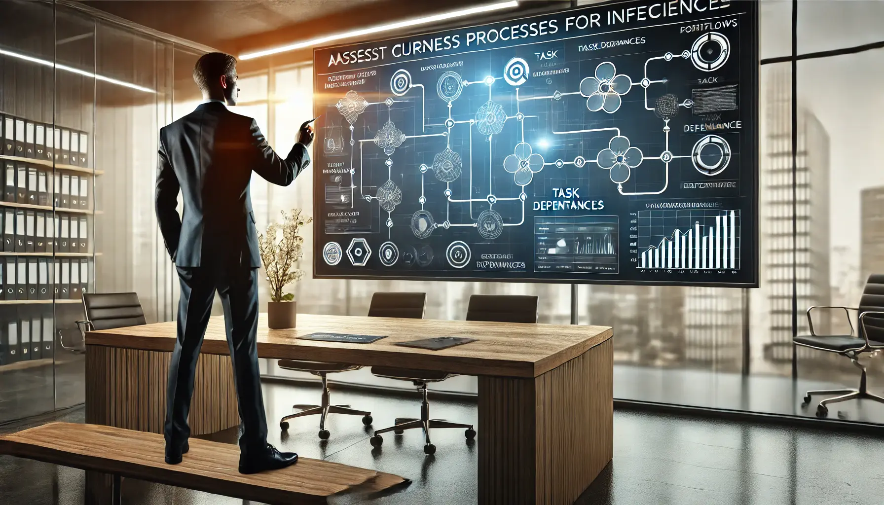 A business consultant analyzing company processes using a large interactive touchscreen displaying workflow charts and performance metrics.