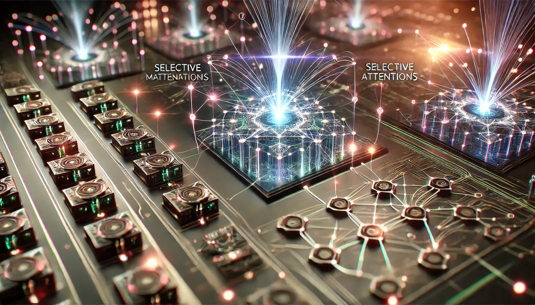 A futuristic visualization of attention mechanisms in a neural network, showing glowing lines representing attention flows between interconnected nodes.