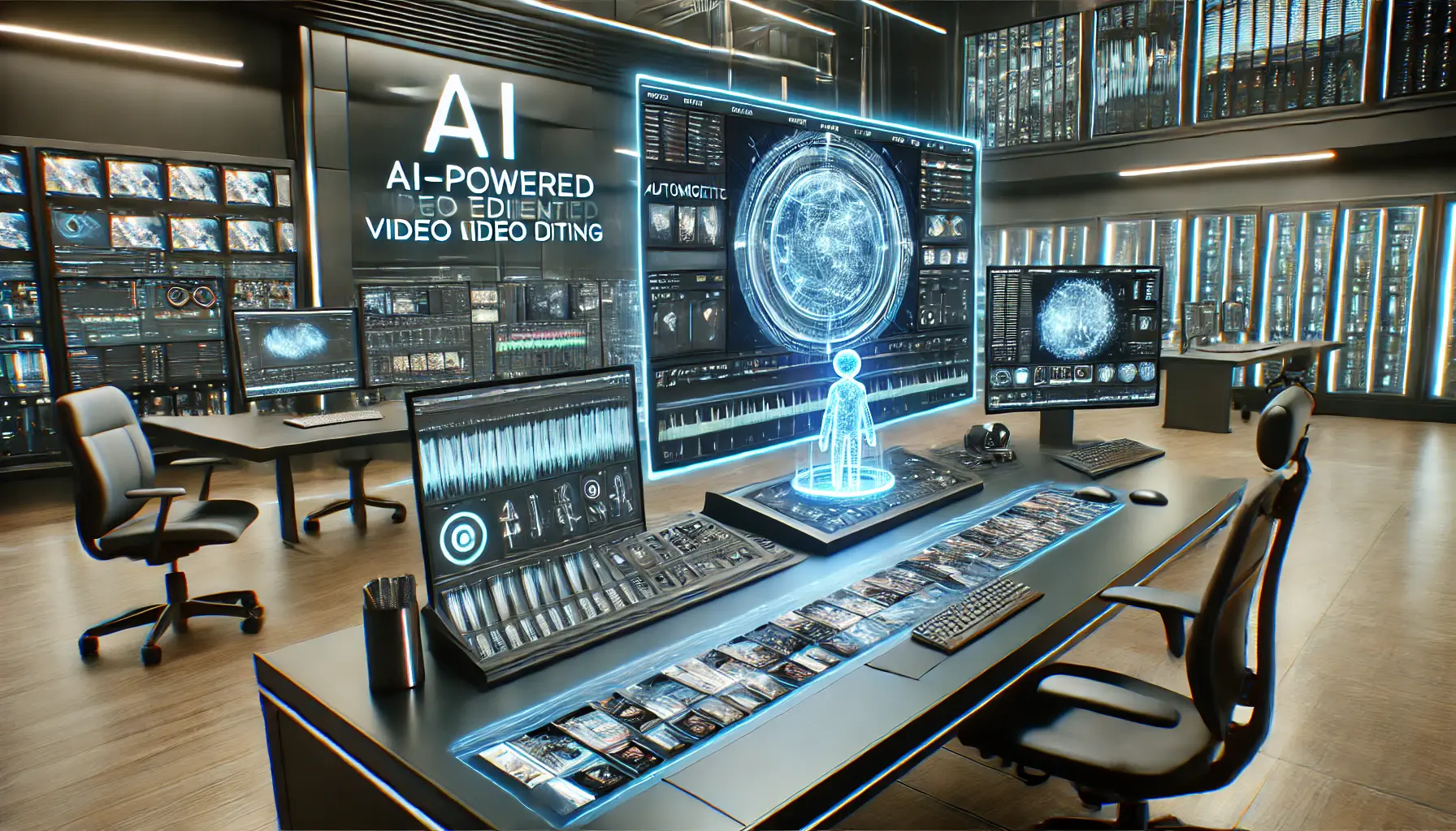 A futuristic AI-powered video editing workstation with an automated timeline selecting and assembling key video clips.