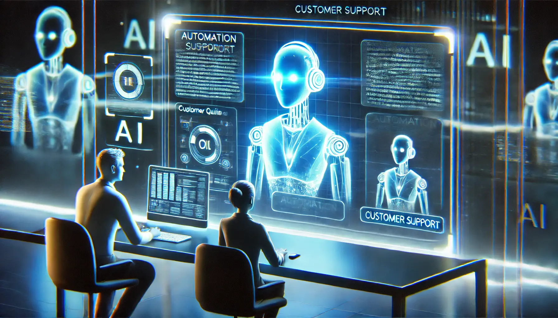 A futuristic AI system automating customer support with real-time responses and holographic interfaces.