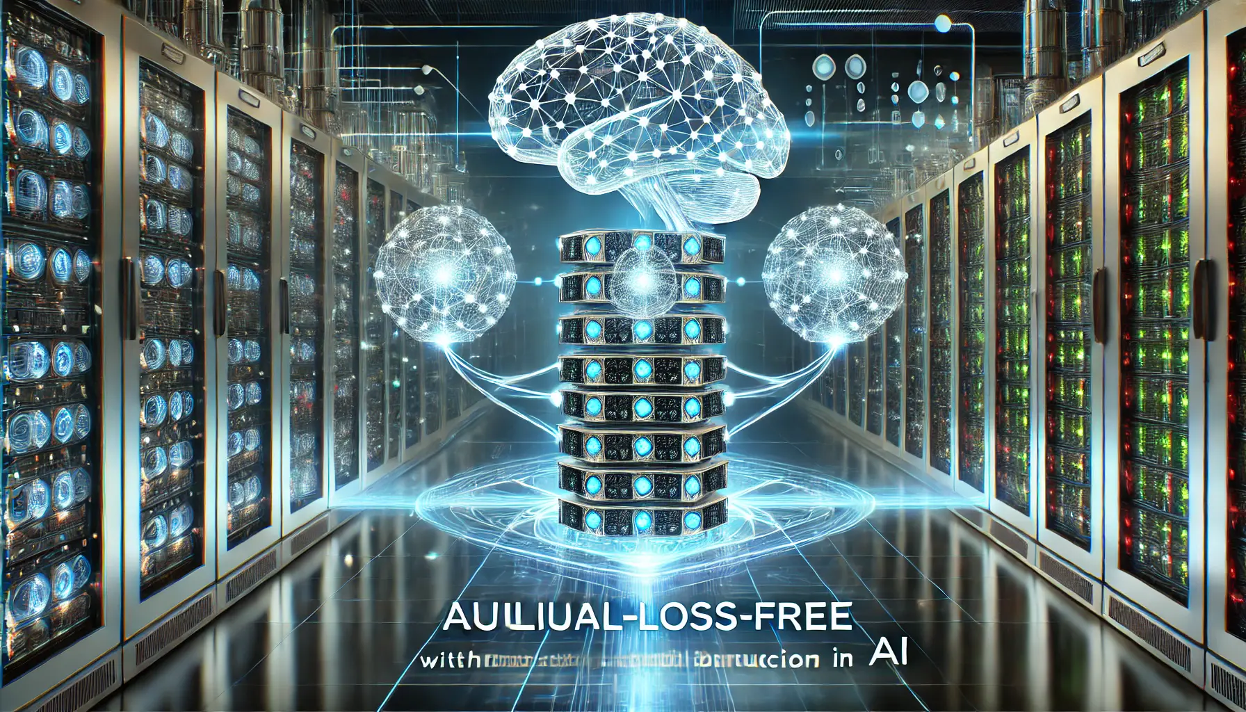 A high-tech digital illustration of Auxiliary-Loss-Free Load Balancing in AI, showing neural network modules and efficient data flow.