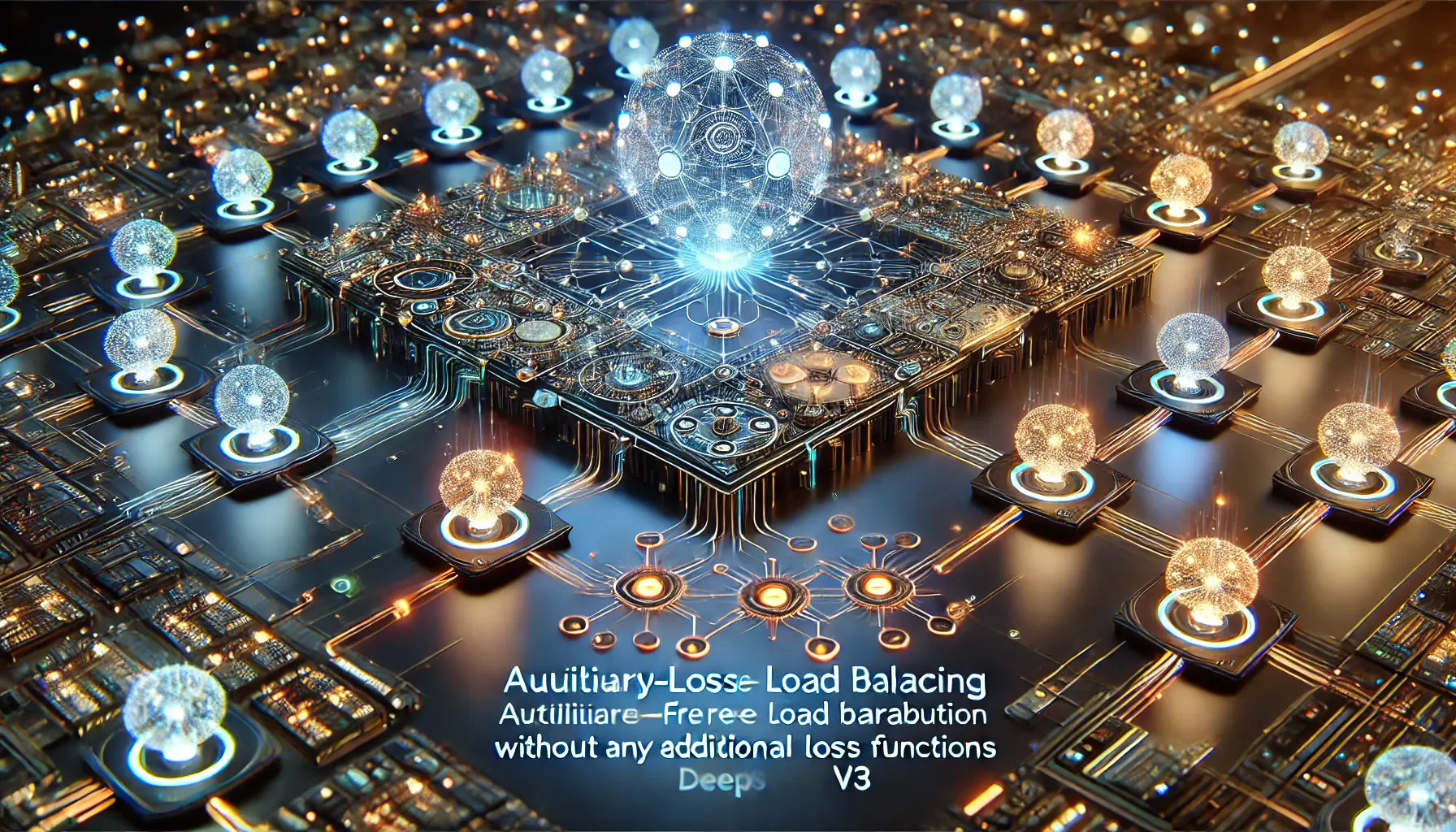 A futuristic AI load balancing system visualizing efficient distribution of computational resources across pathways.