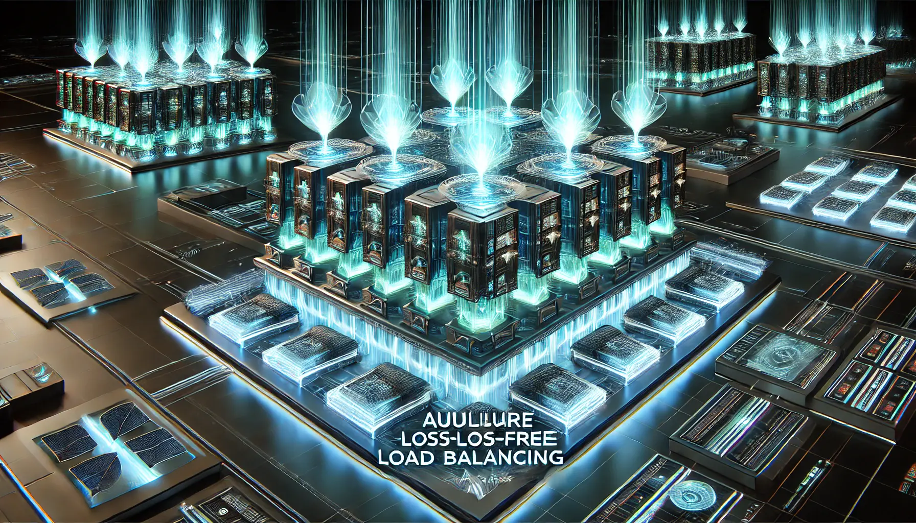 A futuristic visualization of an AI system dynamically distributing computational tasks with glowing energy flows, optimizing load balancing without auxiliary loss.