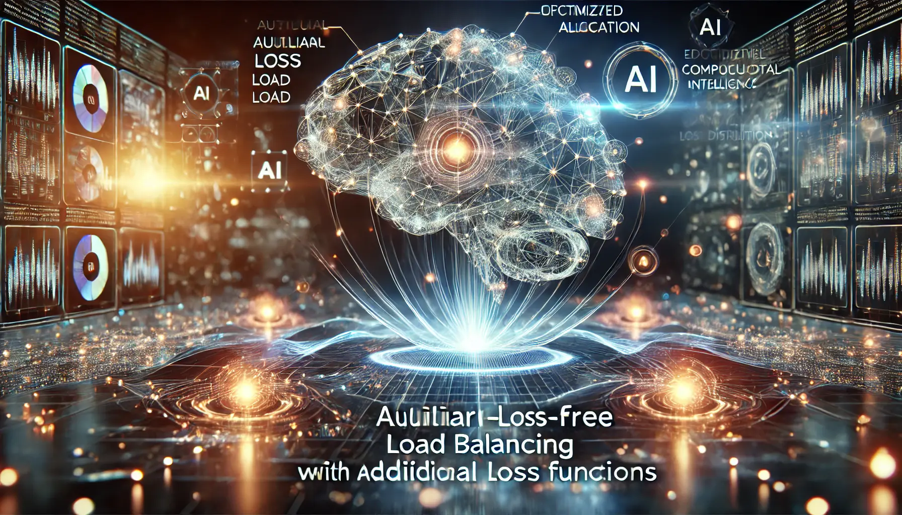 A futuristic AI system balancing computational load, with glowing nodes and dynamic energy flows representing optimized resource distribution without additional loss functions.