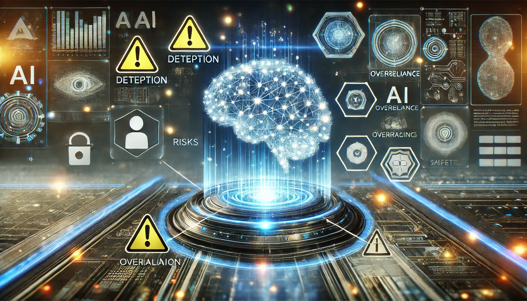 A high-tech AI system surrounded by warning symbols and safety protocols, symbolizing AI risks and safeguards.