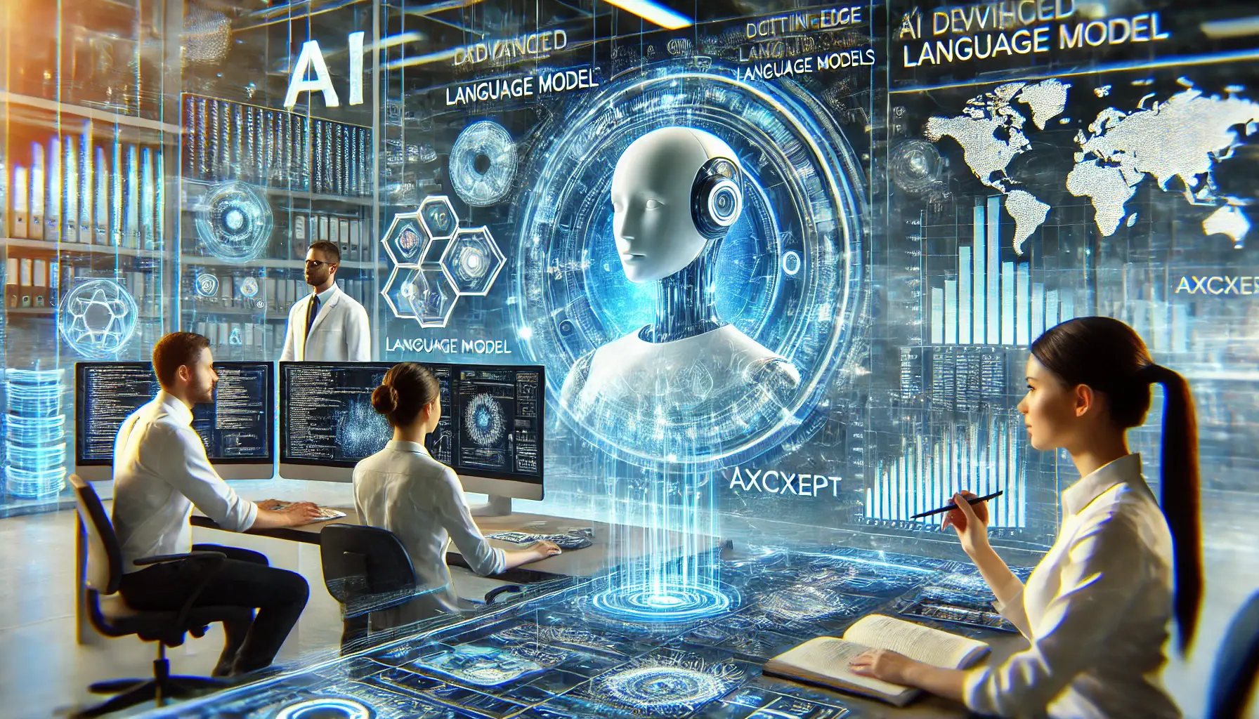 A futuristic AI research lab where researchers and a digital assistant work together to develop advanced language models, displaying neural networks and language data.