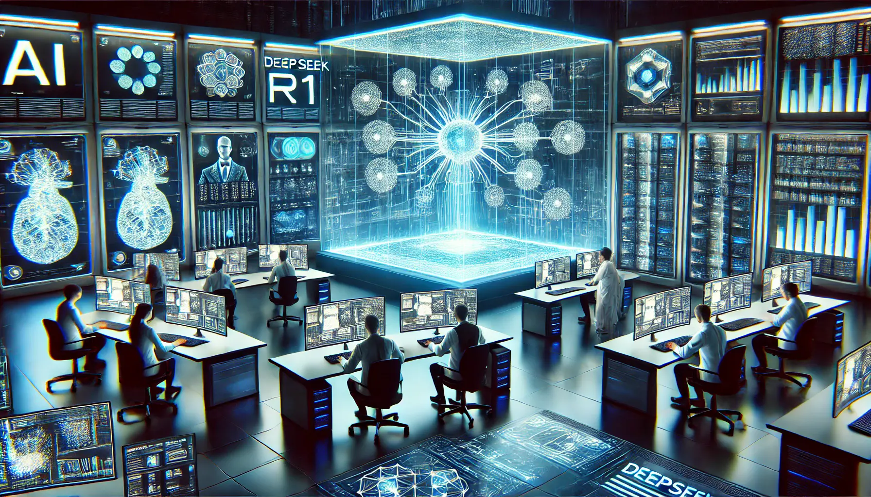 A futuristic AI research lab with scientists working on DeepSeek R1, surrounded by holographic neural network displays and high-tech computing systems.