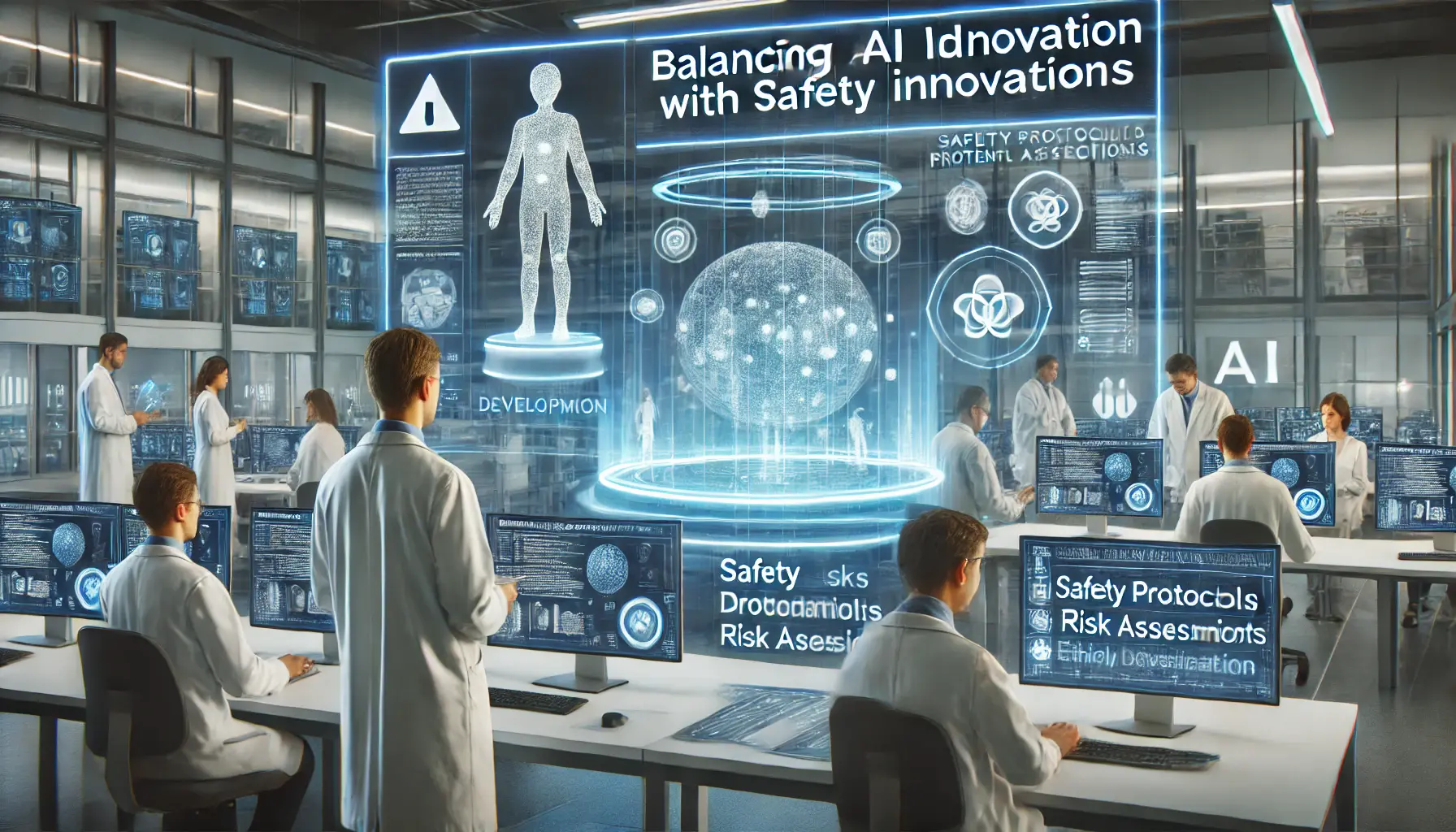 A high-tech AI lab where scientists balance AI innovation with safety concerns, analyzing risks and safety protocols alongside AI development.