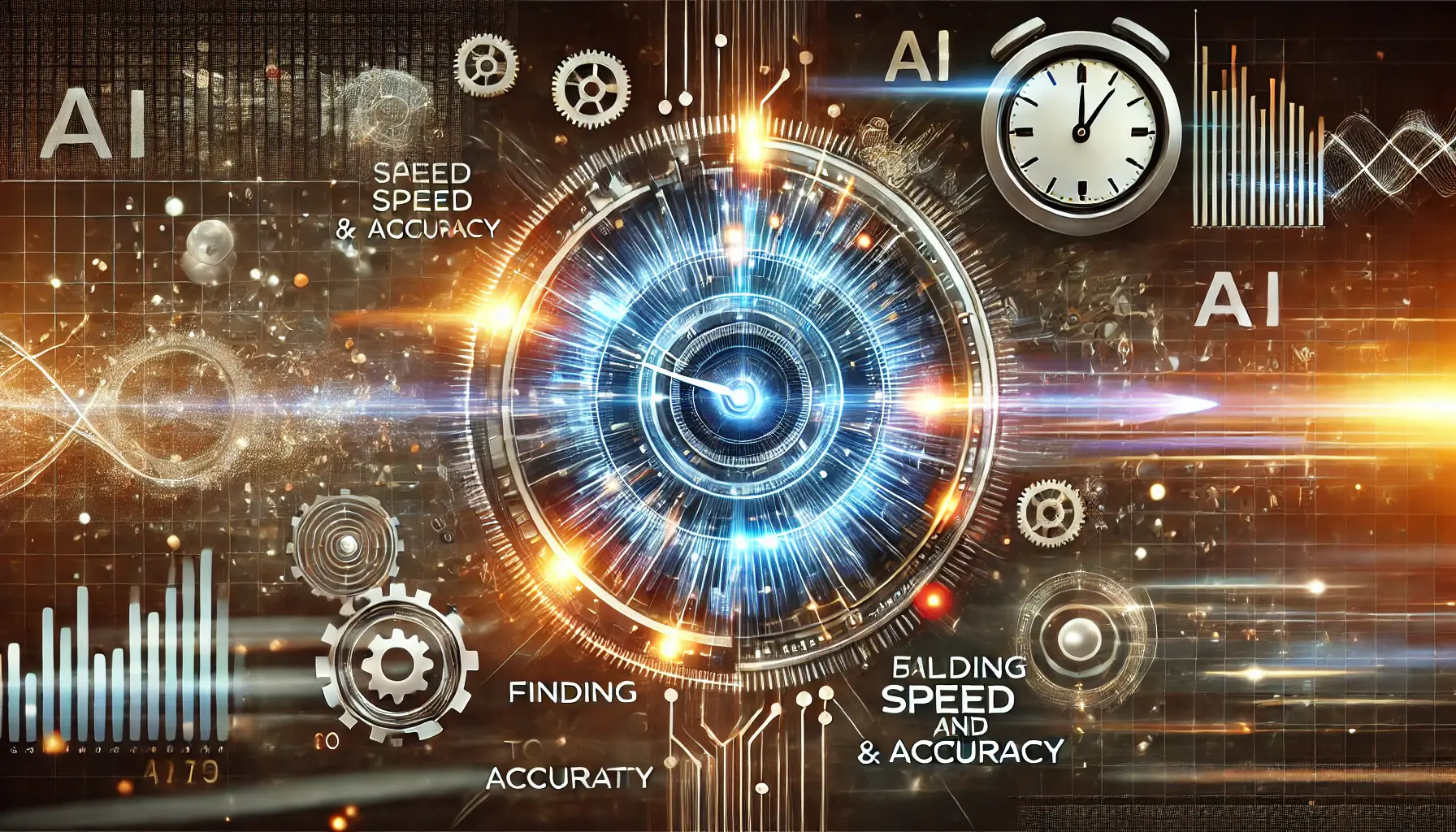 An AI core surrounded by digital elements like glowing gears, clock symbols, and precision-targeting icons representing the balance between speed and accuracy.