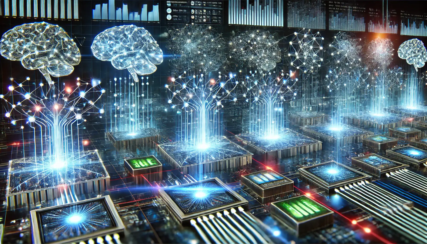 A digital representation of AI model benchmarking, with glowing interconnected neural networks representing various AI systems.