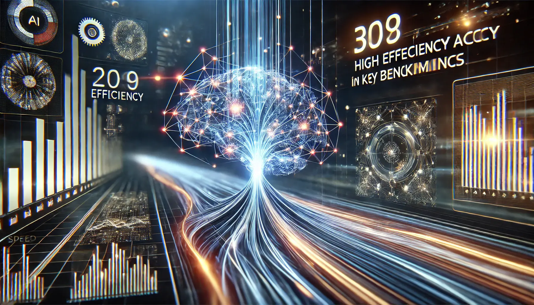 A futuristic digital representation of AI benchmark performance, showcasing a neural network processing data with high efficiency and accuracy.