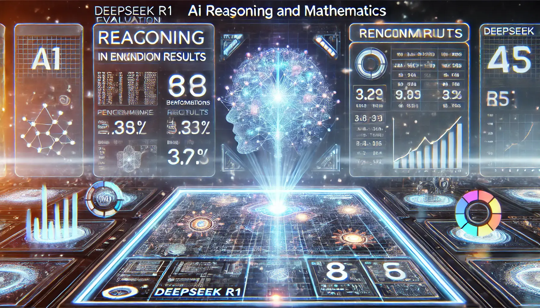 A futuristic AI interface displaying benchmark results in reasoning and mathematics, featuring holographic data, complex equations, and a glowing neural network.