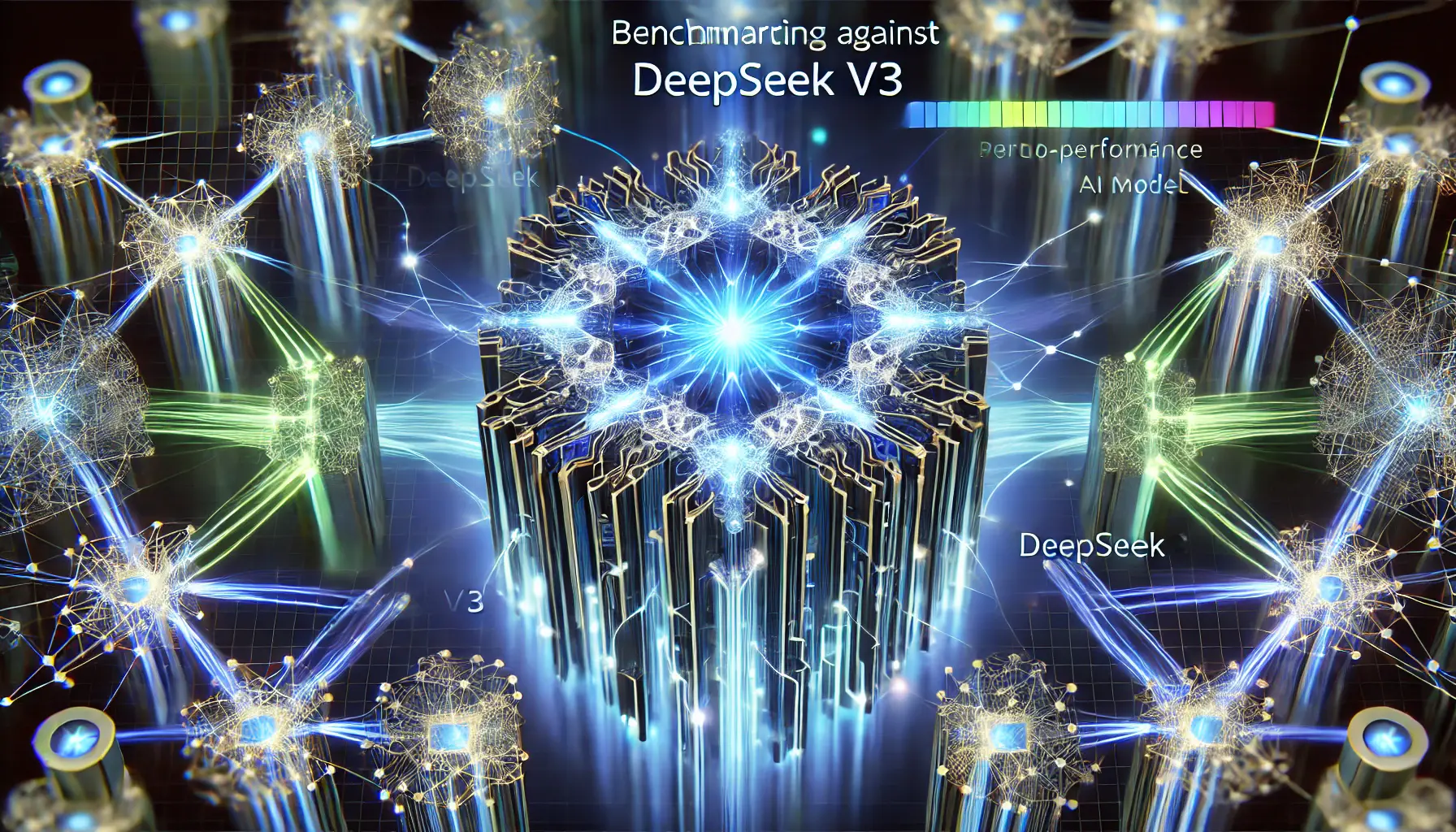 A high-tech visualization of benchmarking against other AI models, showing DeepSeek v3 surrounded by competing models with performance comparisons represented by glowing data flows.