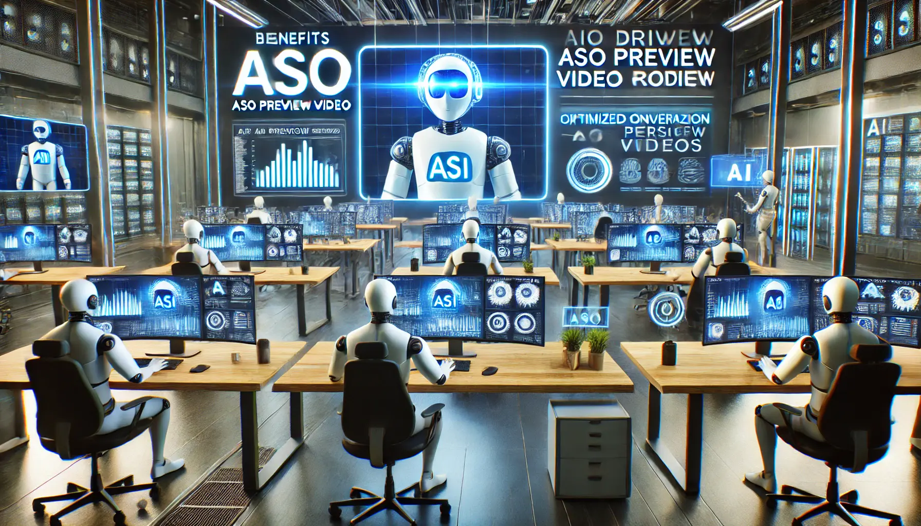 A high-tech digital studio showcasing AI-driven ASO preview video production with personalized content creation and performance metrics.