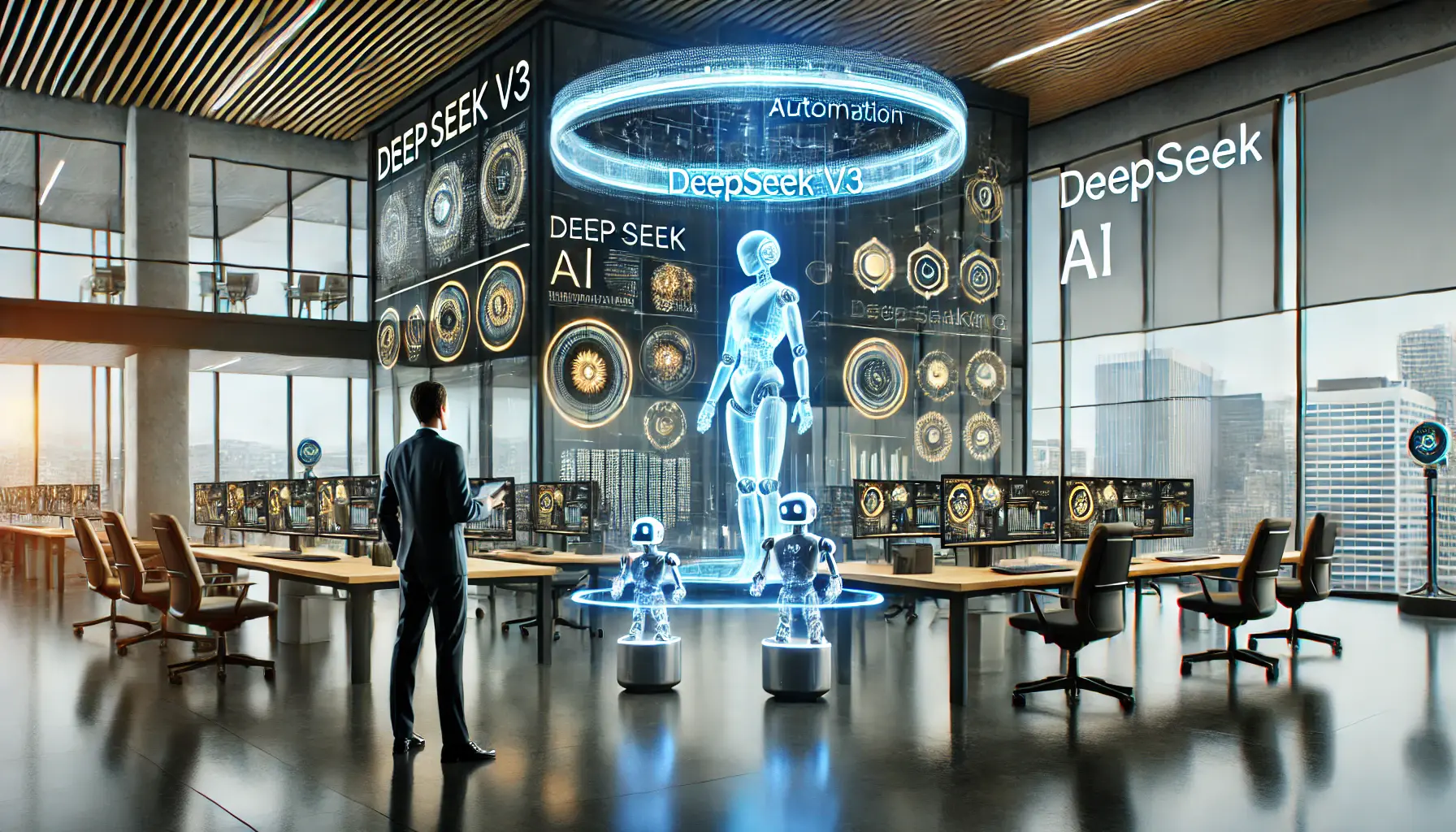 A futuristic business environment featuring AI-driven automation, digital dashboards, and robotic assistants optimizing workflows.