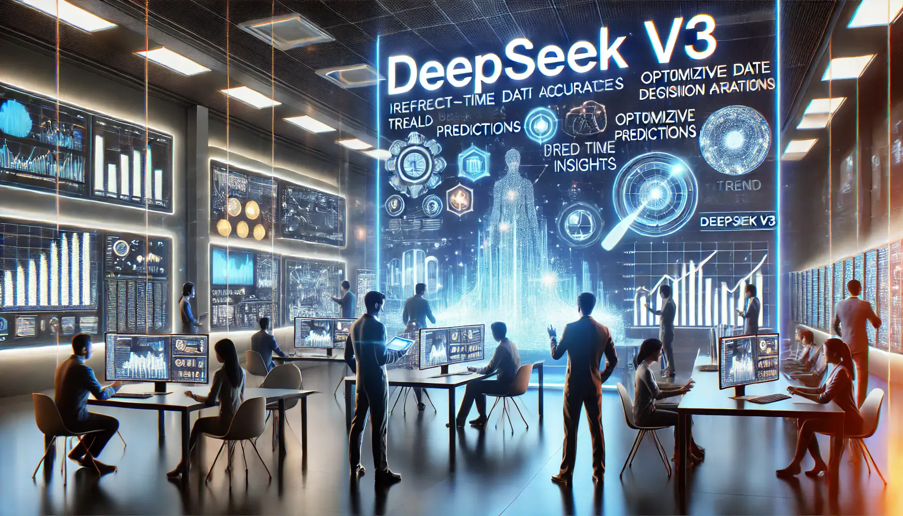 A high-tech AI lab showcasing the benefits of DeepSeek v3 in predictive analytics with glowing data visualizations and trend predictions.