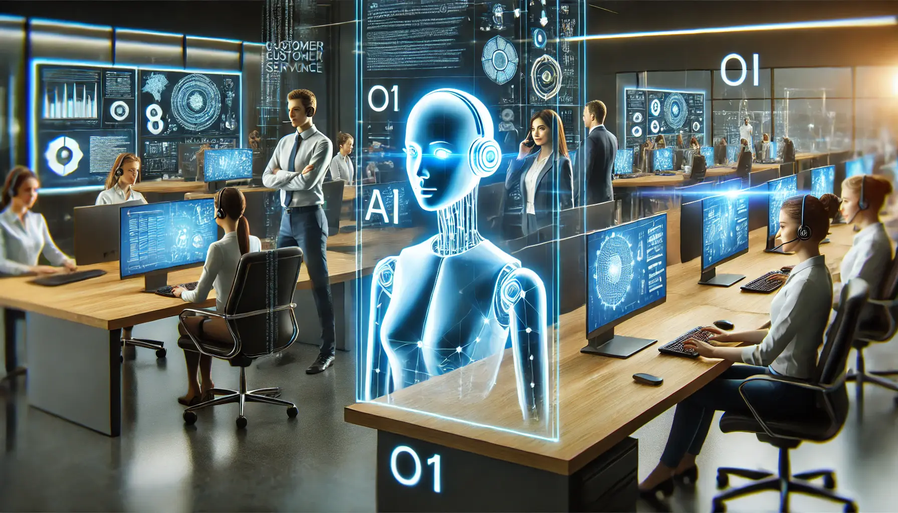 A high-tech customer service center where AI-driven ChatGPT o1 assists agents with real-time customer interactions through digital interfaces and holographic displays.